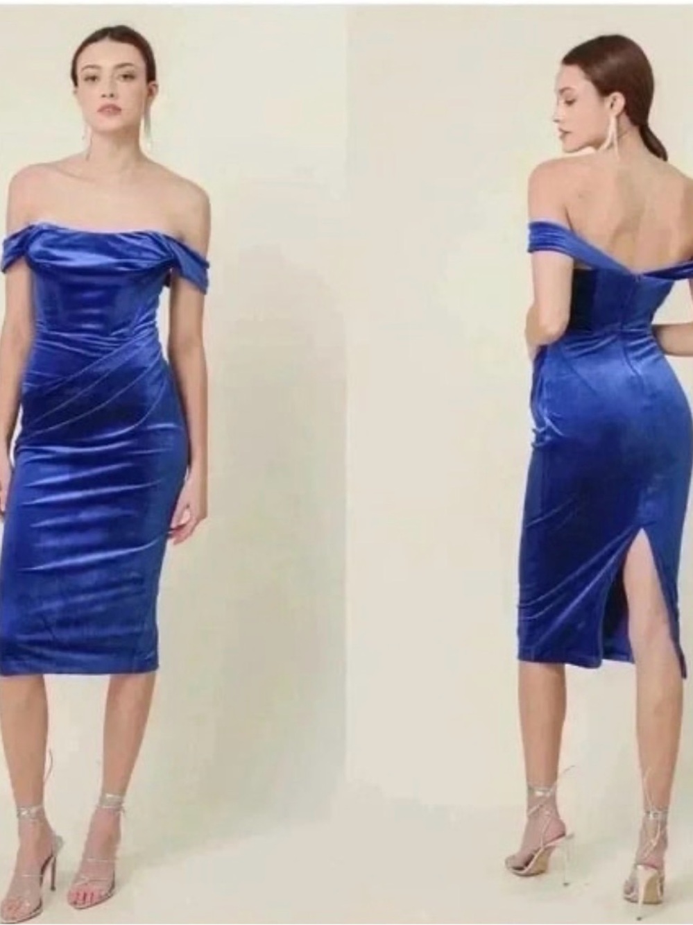 NWT Line & Dot Du Jour Velvet Off The Shoulder Midi Dress Blue XS